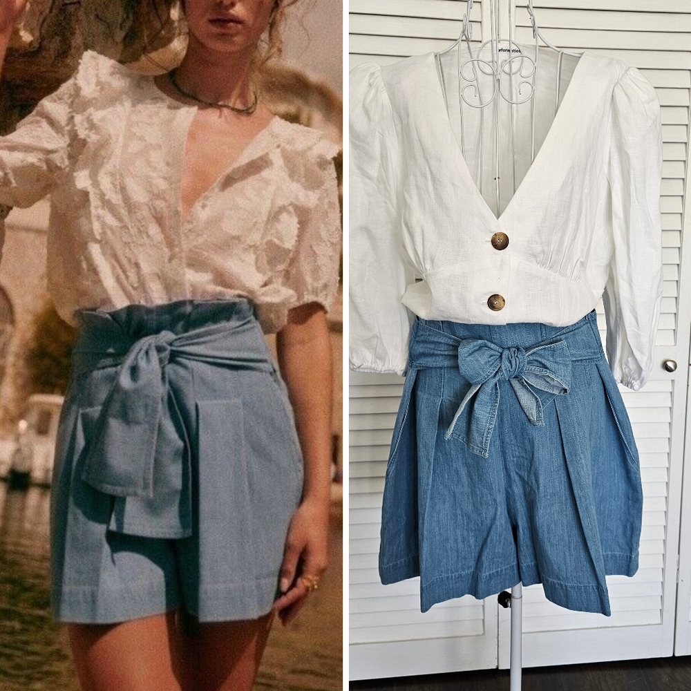 NWT Sezane Tyson Denim Blue Tie-Waist Pleated Shorts Size 44 US 12